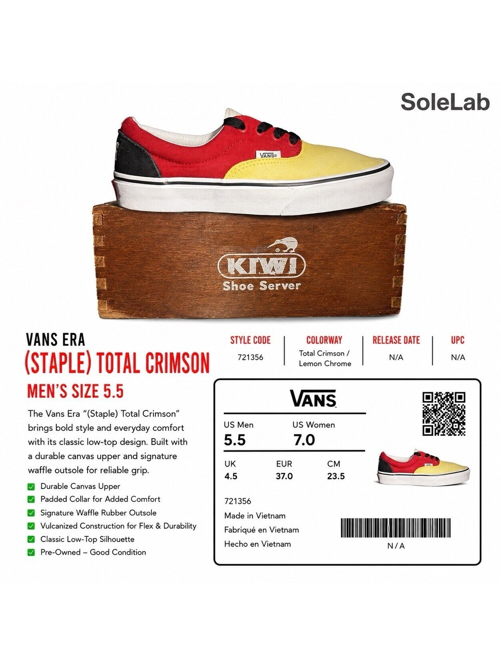 Vans Era Staple Total Crimson Lemon Chrome Mens 5.5 Shoes 721356